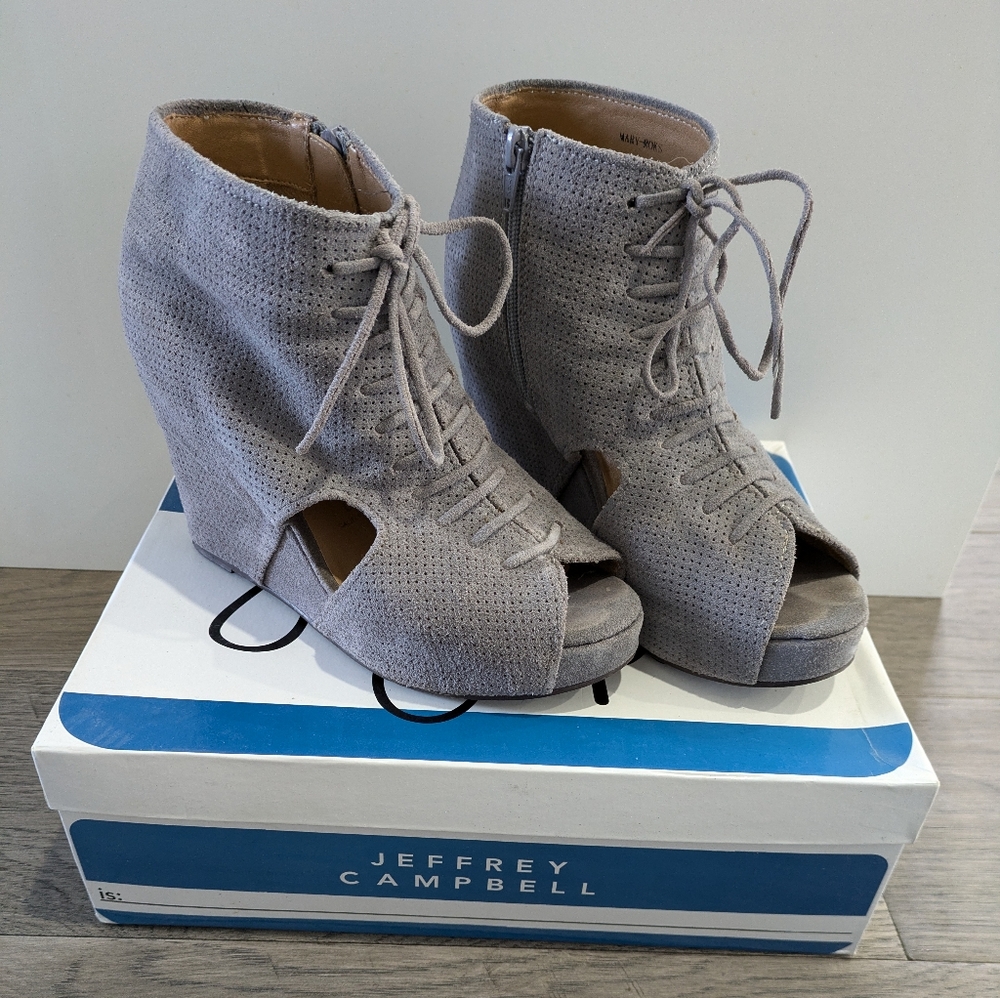 Jeffrey Campbell Gray Suede Lace-Up Peep-Toe Wedge Booties
